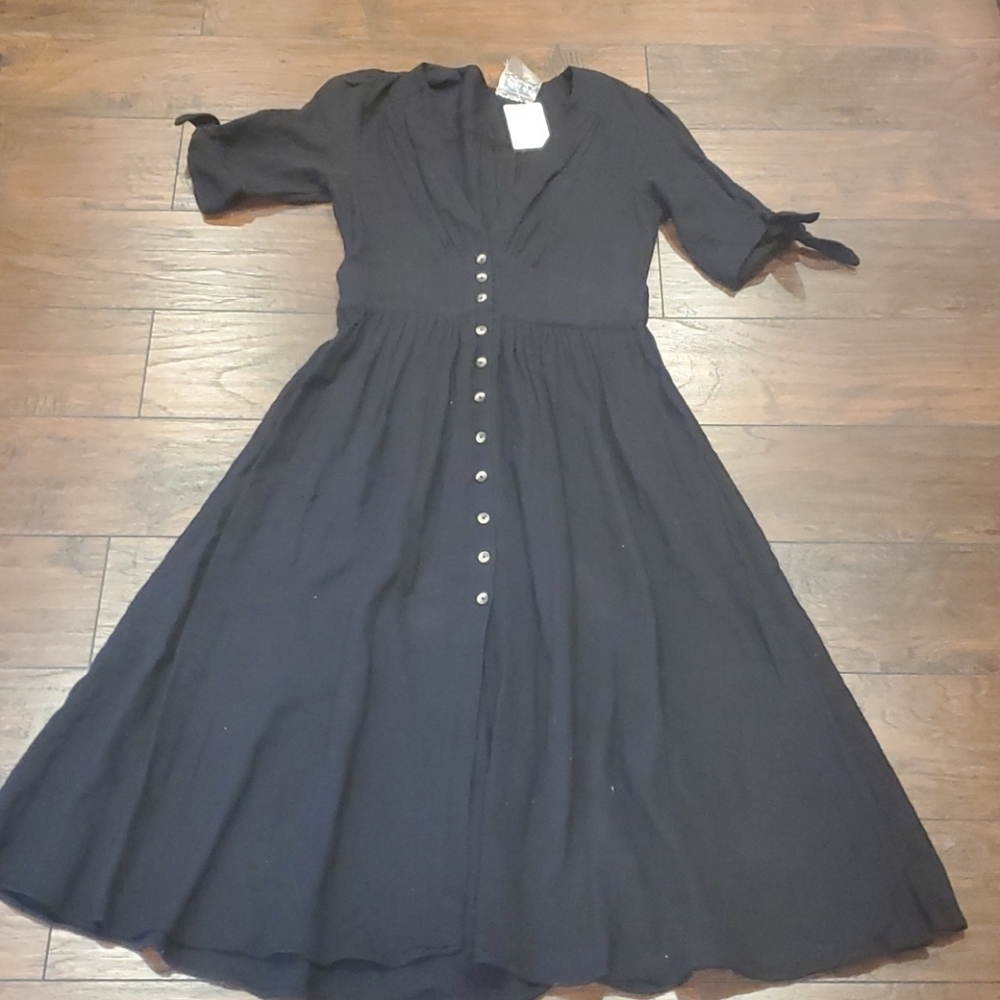 Free People Black Midi Button-Front Dress - Picture 9 of 14